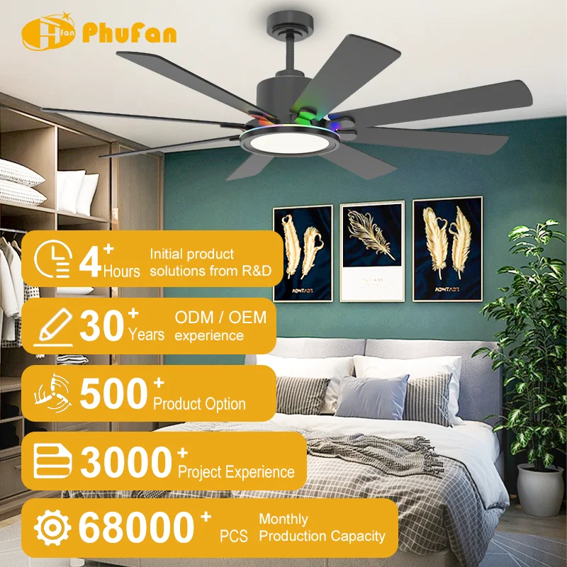 60-Inch 8-Blade Modern Wood Grain 6-Speed DC Motor Remote Control Ceiling Fan Light with RGB LED for Living Room & Man Cave - Image 3