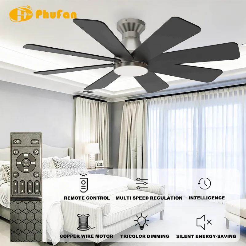 48-72 Inch 3/5/6/8-Blade Industrial Ceiling Fan Matte Finish 3-Color LED & 6-Speed Motor Remote Control for Spacious Bedroom - Image 2
